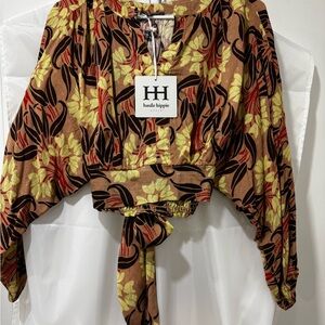 Haute Hippie Brown, Yellow & Red Floral Tie-Front Cropped Blouse